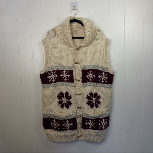 Vintage Handmade Knit Cardigan Sweater Vest Shawl Collar Mens Large Cowichan 70s - Picture 4 of 11